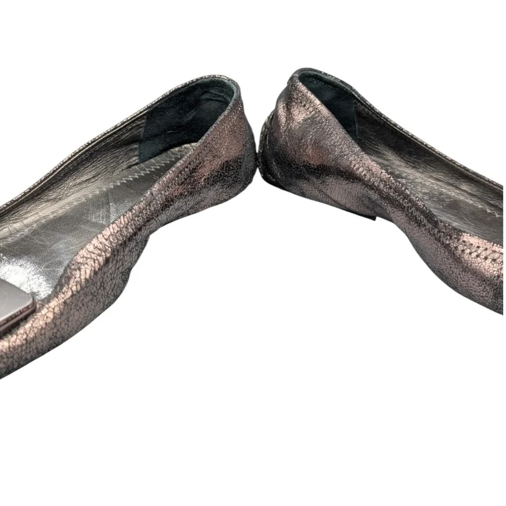 Tory Burch Ballet Flats Womens‎ 8.5M Anthracite Metallic Leather Round Toe